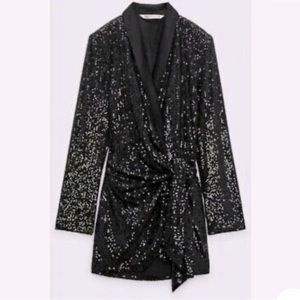New Zara Sequins Wrap Dress Black